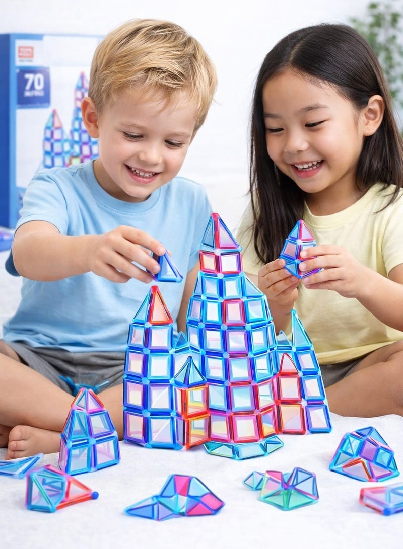 Magnetic Tiles (70 pieces) Kids STEM Magnet Toys for Toddler Magnetic Blocks Building Preschool Learning Sensory Montessori Toys for 3+ Year Old Boys and Girls, Safe Creativity Toddler Kids - Image 1